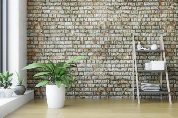 Modern Interior Room with a Wooden Ladder Shelf and Green Plants near the Old Brick Wall with Wooden Floor, Artistic Decor, Fashion Conceptual Style, 3D Rendering Graphic Design
