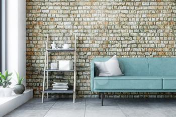 Contemporary Interior Art Room with a Turquoise Sofa, Wooden Ladder Shelf and Green Plants near the Old Grunge Brick Wall, Artistic Decor, Amazing Fashion Conceptual Style, 3D Rendering Graphic Design