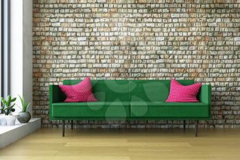 Simple Interior Art Room with a  Green Sofa with Red Pillows and Decoration Plants near the Old Stylish Brick Wall, Artistic Decor, Amazing Fashion Conceptual Style, 3D Rendering Graphic Design