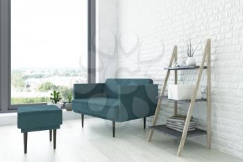 Contemporary Interior Art Room with a Turquoise Armchair, Wooden Ladder Shelf and Green Plants near the White Brick Wall, Elegant Decor, Amazing Fashion Conceptual Style, 3D Rendering Graphic Design