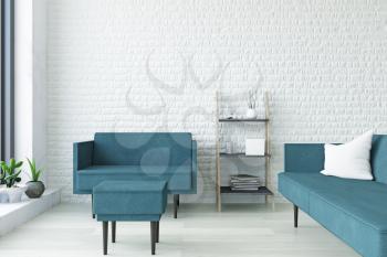 White Contemporary Interior Art Room with Turquoise Sofa, Armchair, Pouf, Wooden Shelf and Plants near the Brick Wall, Elegant Decor, Interesting Fashion Conceptual Style, 3D Rendering Graphic Design