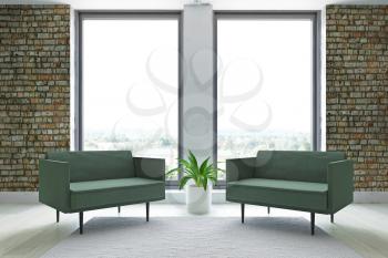 Fashion Contemporary Studio Apartment Interior, Minimalistic Modern Room, Simple Green Armchairs, Plant near the Dirty Brick Wall, Amazing Fashion Conceptual Art Style, 3D Rendering Graphic Design