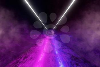 Neon 3D Glow Lights with Fluorescence and Smoke in the Futuristic Grunge Tunnel, 3D Rendering Background, Underground Abstract Empty  Interior, Conceptual Cosmic Tomorrow Aesthetic Interior Style.