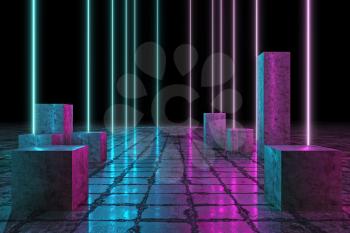 Led Technology Pillars, Neon 3D Glow Lights with Fluorescence, Futuristic Grunge Columns, 3D Rendering Background, Underground Abstract Sci-Fi Design, Conceptual Cosmic Tomorrow Aesthetic Style.