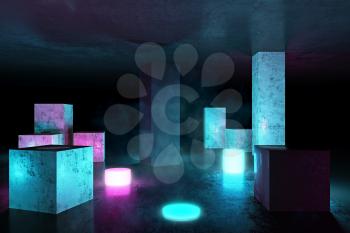 Neon 3D Glow Electric Lights objects with Fluorescence and Smoke, Technology Grunge Columns, 3D Rendering Background, Underground Abstract Sci-Fi Design, Conceptual Cosmic Tomorrow Aesthetic Style.