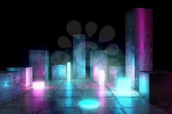 Neon Electric Lights with Fluorescence and Smoke, Grunge Concrete Columns, 3D Rendering Cyber Background, Underground Abstract Sci-Fi Design, Conceptual Cosmic Tomorrow Aesthetic Style.