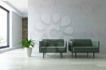 Interior with Two Armchairs, Green Plants with Planter in the Hall near the Old Plaster Wall, Minimalistic Modern Room Decor, Fashion Style, 3D Rendering Illustration, Contemporary Graphic Design
