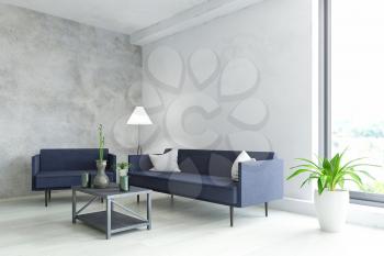 Elegant Interior Room with Contemporary Furniture, Blue Sofa, Armchair, Lamp, Plant and Table with Modern  Accessories near the Old White Wall, Fashion Style, 3D Rendering Illustration Design