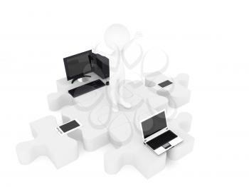 Royalty Free Clipart Image of Person and Computers on Puzzle Pieces