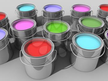 Royalty Free Clipart Image of Paint Buckets With Various Colors of Paints