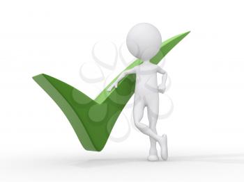 Royalty Free Clipart Image of a Figure Standing Beside a Green Checkmark