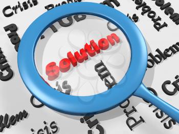 Royalty Free Clipart Image of a Magnifying Glass Over the Word Solution