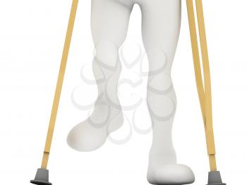 An injured man on crutches isolated against white background 
