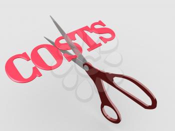Pair of scissors cuts business expense word COSTS in half to save money 