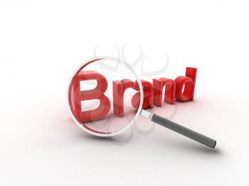 The word Brand under a magnifying glass illustrating marketing and advertising to build customer loyalty and reputation 