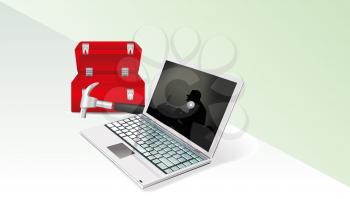 Dangerous hacker inside laptop. Data security concept. 
