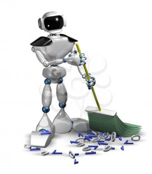 3d illustration of a robot with a broom cleans digital garbage