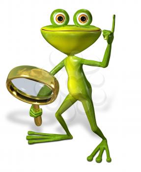 3d illustration merry green frog with magnifying