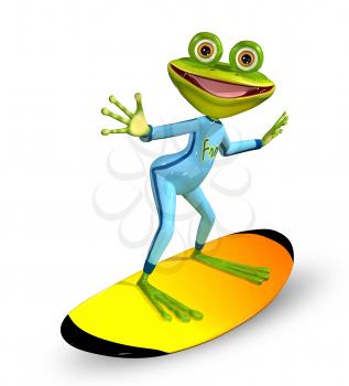 3d illustration merry green frog on a surfboard