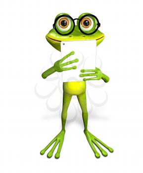 3d illustration merry green frog with a tablet