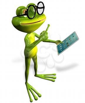 3d illustration merry green frog with a tablet