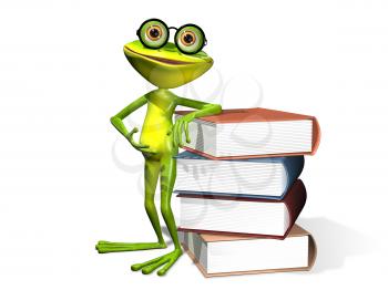 Royalty Free Clipart Image of a Frog Leaning Against Books