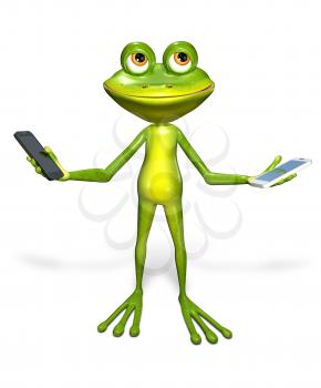 Royalty Free Clipart Image of a Frog Holding Two Cellphones