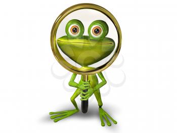 illustration merry green frog with magnifying glass