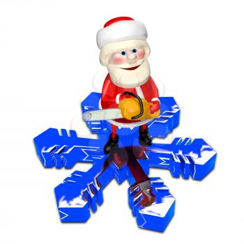 3D Illustration of Santa Claus on a Snowflake with Chainsaw