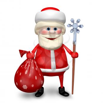 3D Illustration of Santa Claus with Bag and Staff