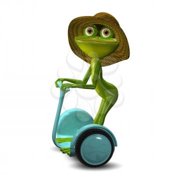3d Illustration of the Green Frog in the Straw Hat in Segway