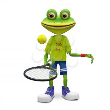 3D Illustration Frog with Tennis Racket on a White Background