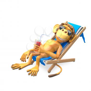 3D Illustration of a Monkey in a Deckchair on White Background