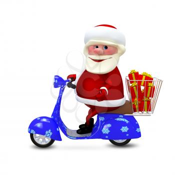 3D  Animation Santa on a Scooter with Gifts on White Background