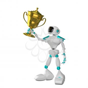 3D Illustration White Robot with Cup on a White Background