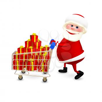 3D  Illustration Santa with the Trolley with Gifts on White Background
