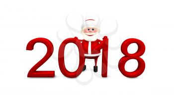 3D Illustration of Santa and Red Inscription 2018 on White Background