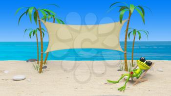3D Illustration of a Frog in a Deckchair on the Beach and Cloth Background
