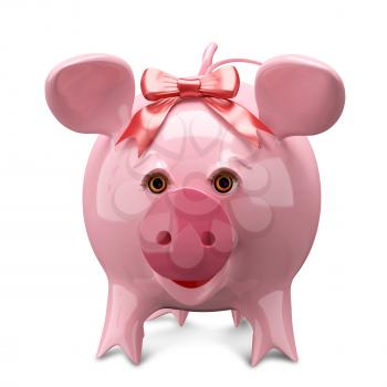 3D Illustration Pink Pig with a Bow on White Background