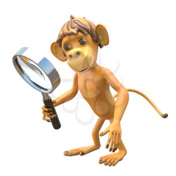3D Illustration Monkey with Magnifier on White Background
