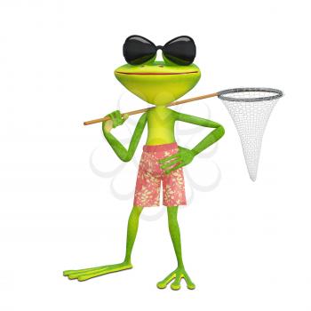 3D Illustration of a Frog with a Butterfly Net on a White Background