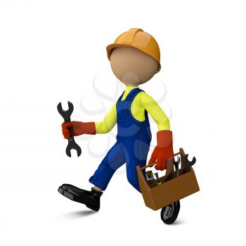 3D Illustration of a Worker with a Toolbox Running on White Background