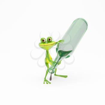 3D Illustration Green Frog with a Green Bottle with Wine on White Background