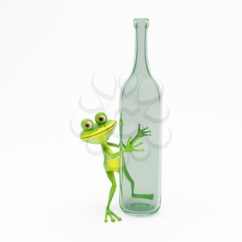 3D Illustration Green Frog with a Green Bottle on White Background