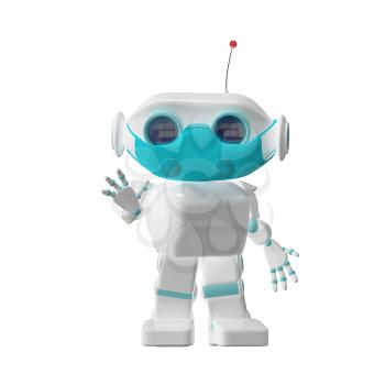 3D Illustration of a Small Robot in a Medical Mask on a White Background