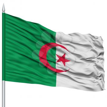 Algeria Flag on Flagpole, Flying in the Wind, Isolated on White Background