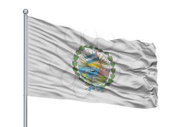 Rosario City Flag On Flagpole, Country Argentina, Isolated On White Background, 3D Rendering