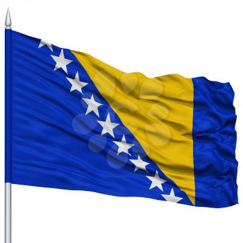 Bosnia and Herzegovina Flag on Flagpole, Flying in the Wind, Isolated on White Background