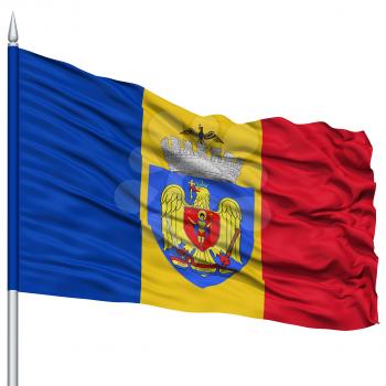 Bucharest City Flag on Flagpole, Capital City of Romania, Flying in the Wind, Isolated on White Background