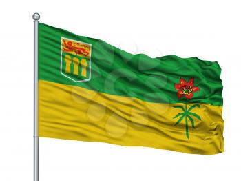 Saskatchewan Province City Flag On Flagpole, Country Canada, Isolated On White Background, 3D Rendering